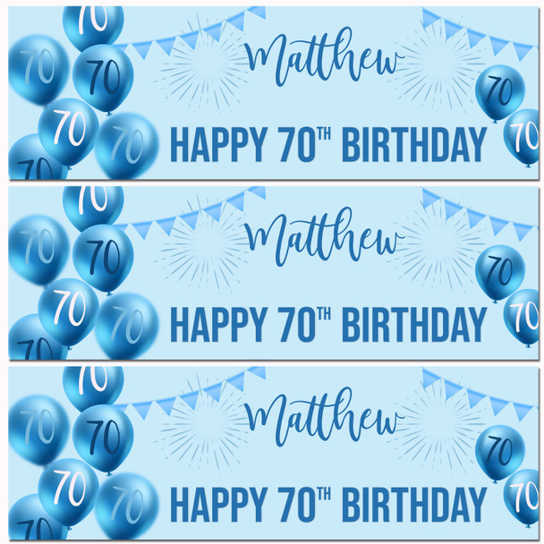 Personalised Party Banner For 70th Birthday Male Blue Balloon Star