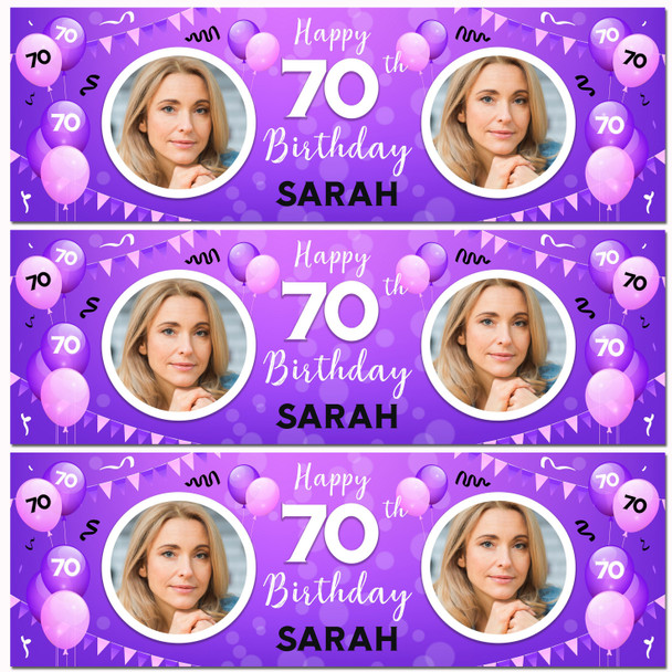 Personalised Party Banner For 70th Birthday With Photo Female Purple Balloons