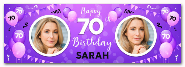 Personalised Party Banner For 70th Birthday With Photo Female Purple Balloons