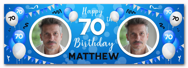 Personalised Party Banner For 70th Birthday With Photo Male Blue Balloons