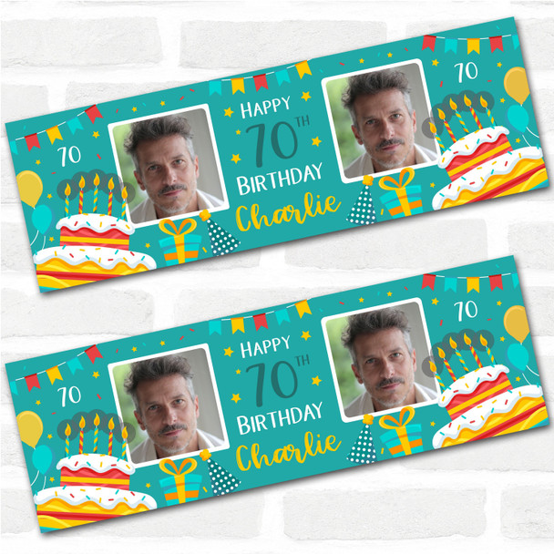 Personalised Party Banner For 70th Birthday With Photo Male Turquoise Cake