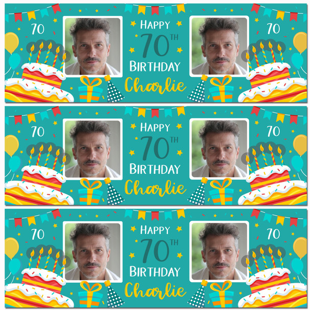 Personalised Party Banner For 70th Birthday With Photo Male Turquoise Cake