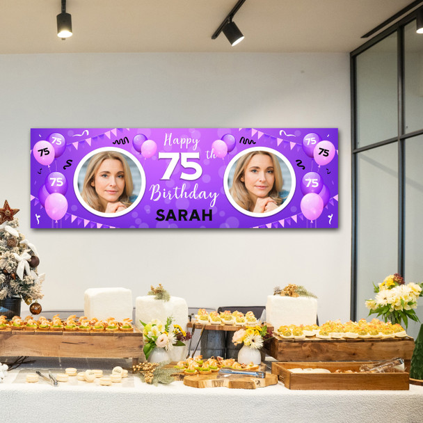 Personalised Party Banner For 75th Birthday With Photo Female Purple Balloons