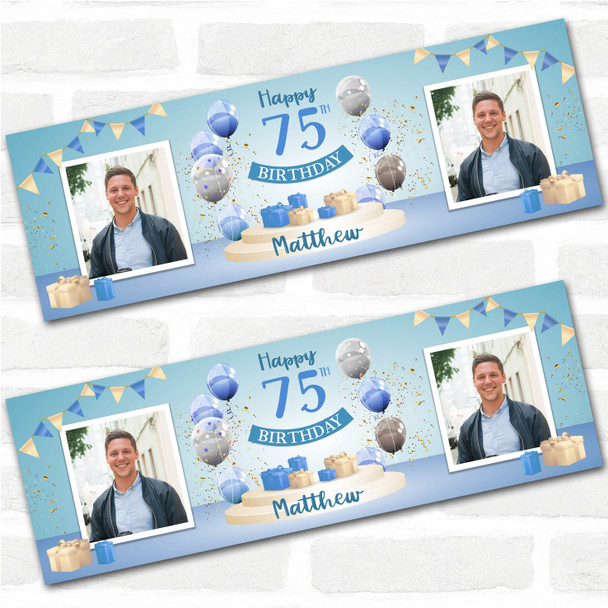 Personalised Party Banner For 75th Birthday With Photo Male Blue Balloon Gift