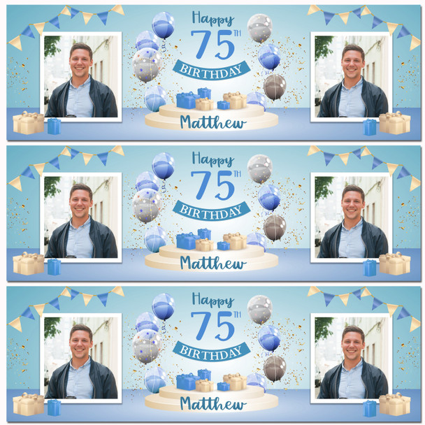 Personalised Party Banner For 75th Birthday With Photo Male Blue Balloon Gift