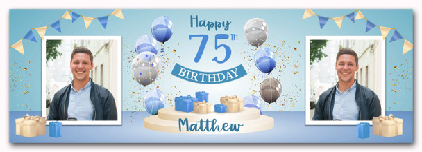 Personalised Party Banner For 75th Birthday With Photo Male Blue Balloon Gift