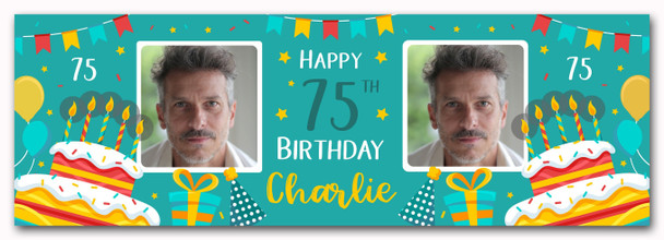 Personalised Party Banner For 75th Birthday With Photo Male Turquoise Cake