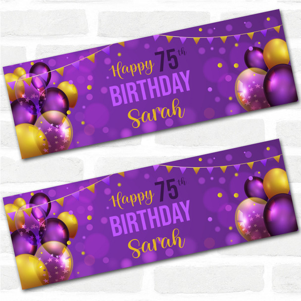 Personalised Party Banner For 75th Birthday Purple Gold Balloons
