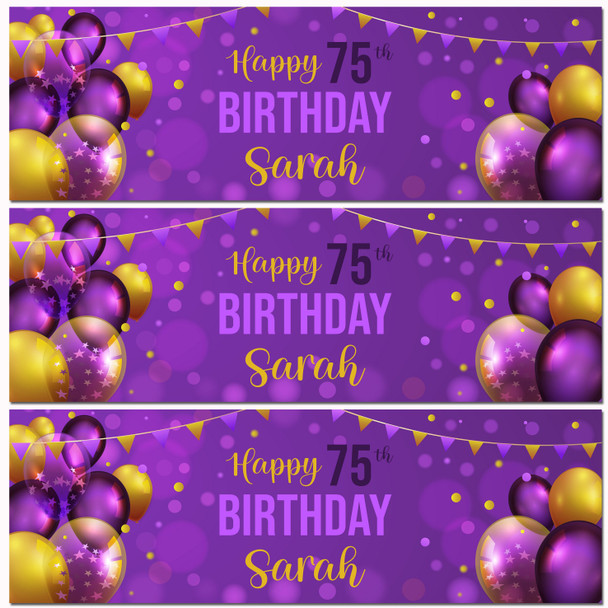 Personalised Party Banner For 75th Birthday Purple Gold Balloons