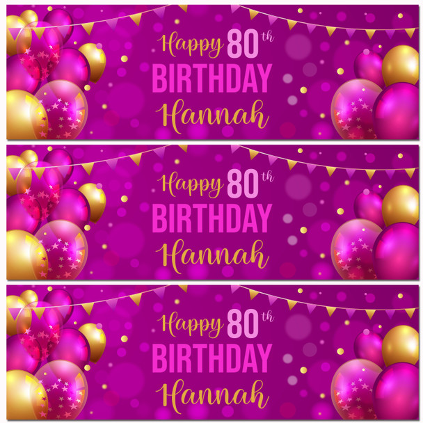 Personalised Party Banner For 80th Birthday Female Pink Gold Balloons
