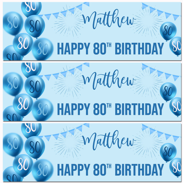 Personalised Party Banner For 80th Birthday Male Blue Balloon Star