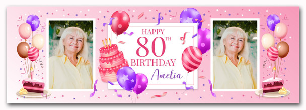 Personalised Party Banner For 80th Birthday With Photo Female Pink Cake
