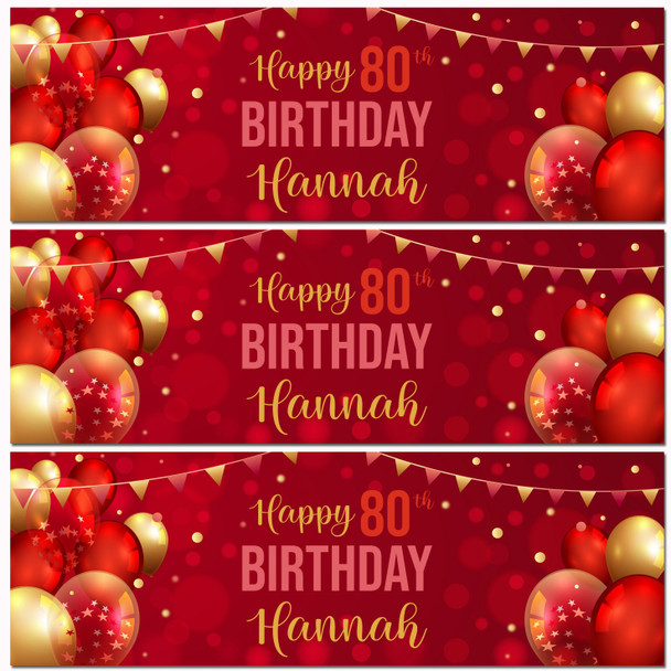 Personalised Party Banner For 80th Birthday Red Gold Balloons