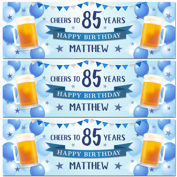 Personalised Party Banner For 85th Birthday Male Beer Blue Balloons