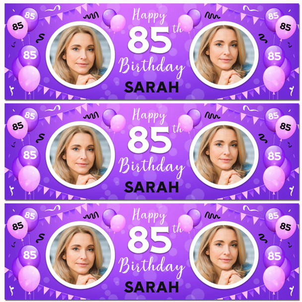 Personalised Party Banner For 85th Birthday With Photo Female Purple Balloons