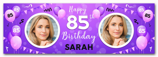 Personalised Party Banner For 85th Birthday With Photo Female Purple Balloons