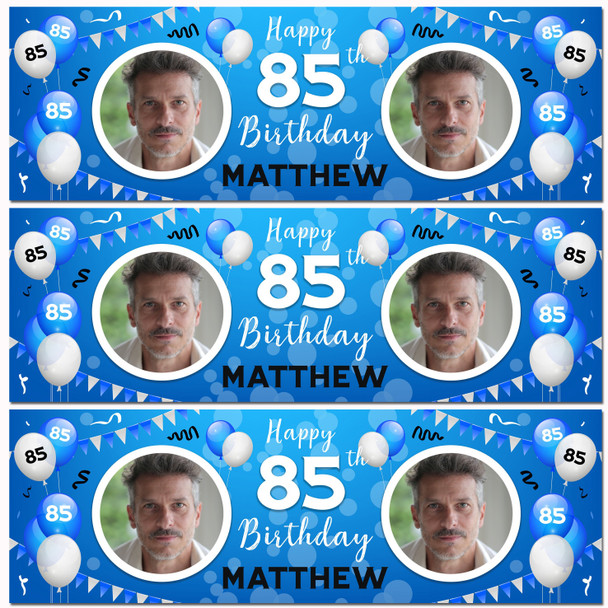 Personalised Party Banner For 85th Birthday With Photo Male Blue Balloons