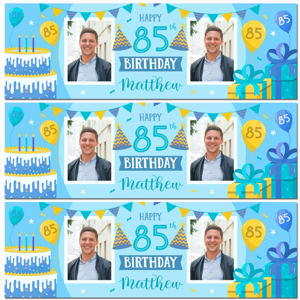 Personalised Party Banner For 85th Birthday With Photo Male Blue Cake Gift