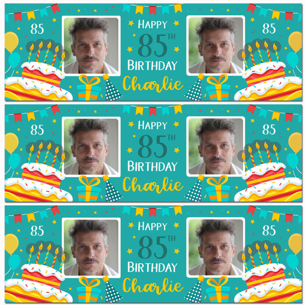 Personalised Party Banner For 85th Birthday With Photo Male Turquoise Cake