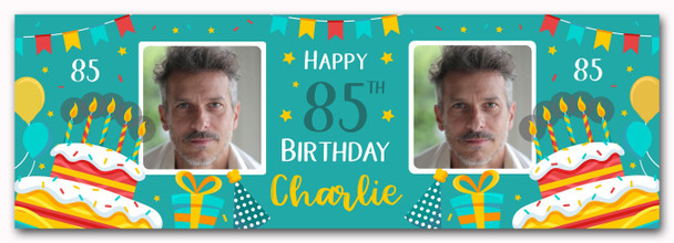 Personalised Party Banner For 85th Birthday With Photo Male Turquoise Cake