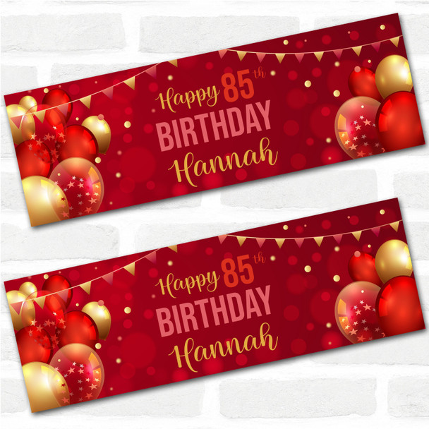 Personalised Party Banner For 85th Birthday Red Gold Balloons