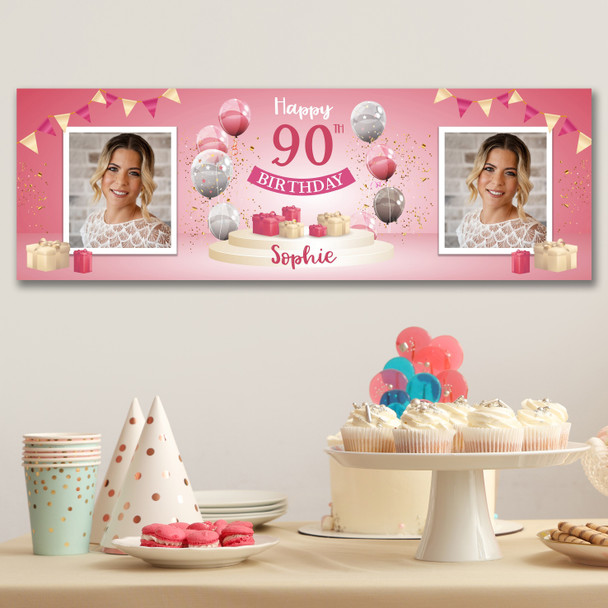 Personalised Party Banner For 90th Birthday With Photo Female Pink Balloon Gift