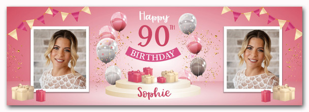 Personalised Party Banner For 90th Birthday With Photo Female Pink Balloon Gift