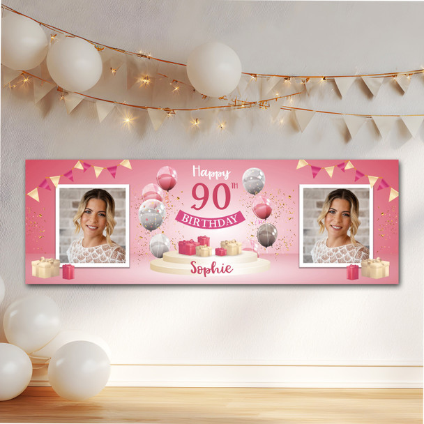 Personalised Party Banner For 90th Birthday With Photo Female Pink Balloon Gift