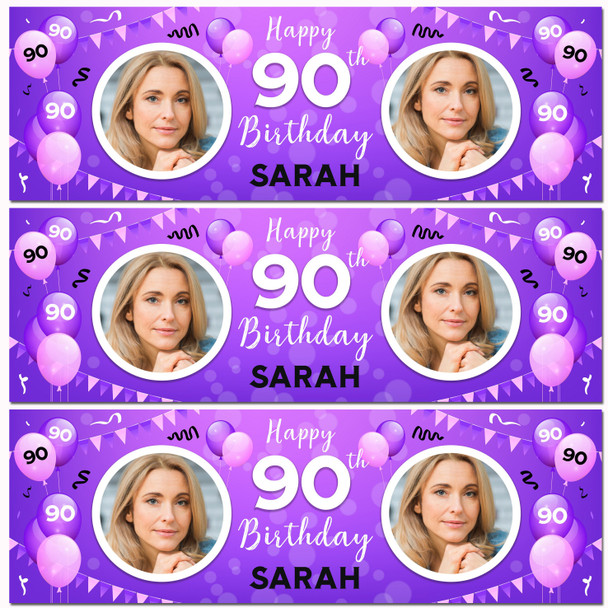 Personalised Party Banner For 90th Birthday With Photo Female Purple Balloons