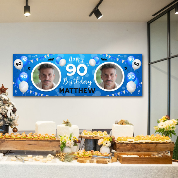 Personalised Party Banner For 90th Birthday With Photo Male Blue Balloons