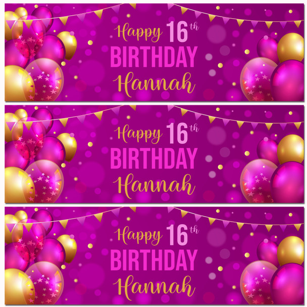 Personalised Party Banner For 16th Birthday Female Pink Gold Balloons