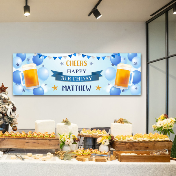Personalised Party Banner For Birthday Male Beer Blue Balloons