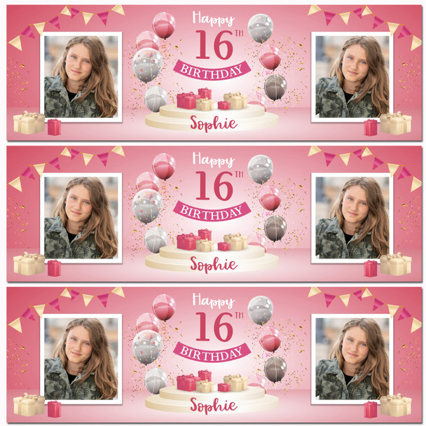 Personalised Party Banner For 16th Birthday With Photo Female Pink Balloon Gift