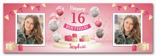 Personalised Party Banner For 16th Birthday With Photo Female Pink Balloon Gift