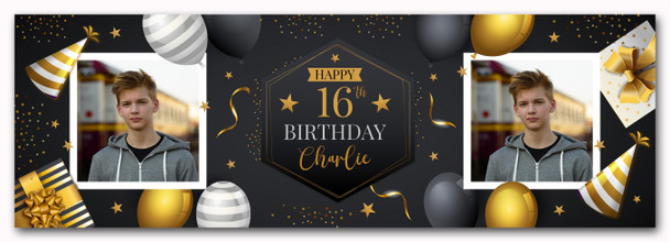 Personalised Party Banner For 16th Birthday With Photo Male Gold Black Balloons