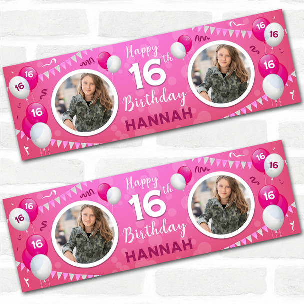 Personalised Party Banner For 16th Birthday With Photo Female Pink Balloons