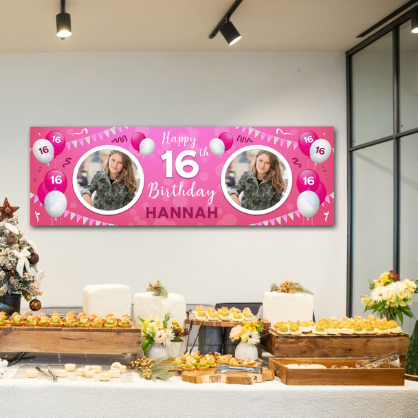 Personalised Party Banner For 16th Birthday With Photo Female Pink Balloons