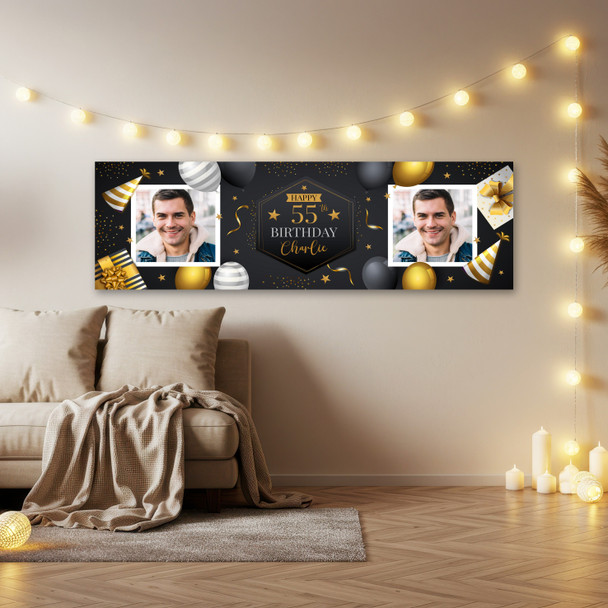 Personalised Party Banner For Birthday With Photo 55 Male Gold Black Balloons