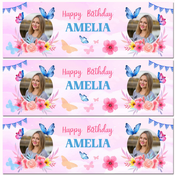 Personalised Party Banner For Birthday Photo Female Butterfly Purple Flowers