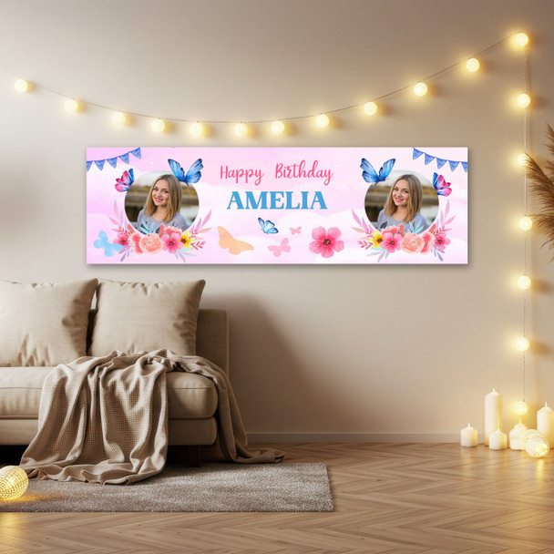 Personalised Party Banner For Birthday Photo Female Butterfly Purple Flowers