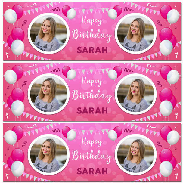 Personalised Party Banner For Birthday With Photo Female Pink Balloons