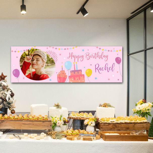 Personalised Party Banner For Birthday With Photo Female Pink Cake Balloons