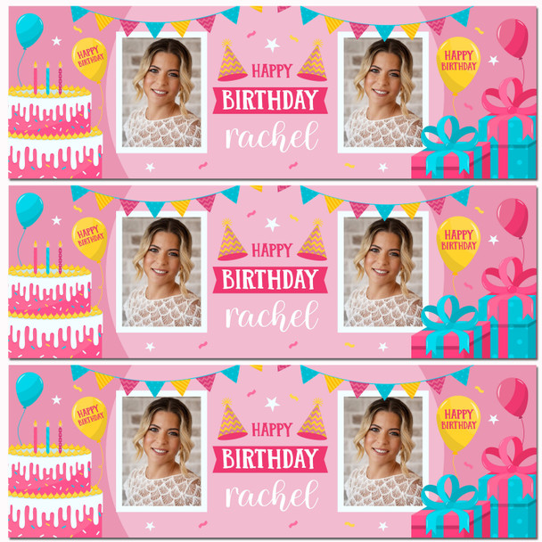 Personalised Party Banner For Birthday With Photo Female Pink Cake Gift