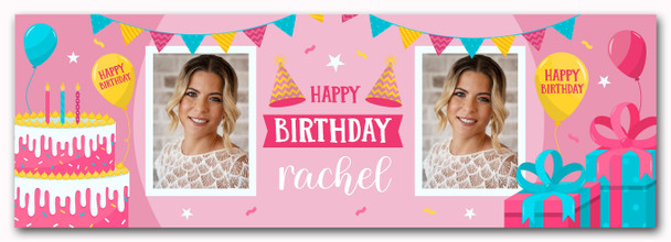Personalised Party Banner For Birthday With Photo Female Pink Cake Gift