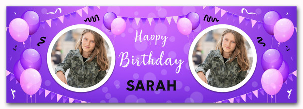 Personalised Party Banner For Birthday With Photo Female Purple Balloons