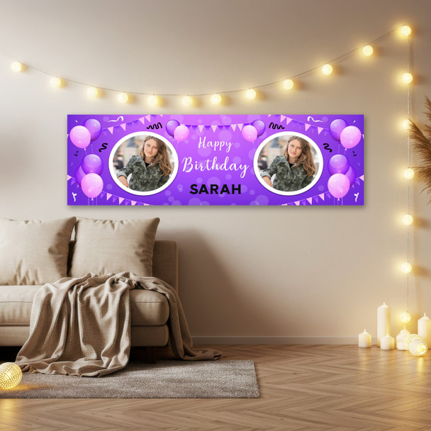 Personalised Party Banner For Birthday With Photo Female Purple Balloons