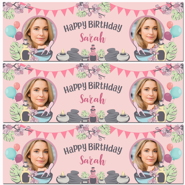 Personalised Party Banner For Birthday With Photo Female Spa Pamper Bunting Pink