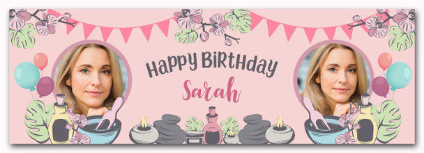 Personalised Party Banner For Birthday With Photo Female Spa Pamper Bunting Pink