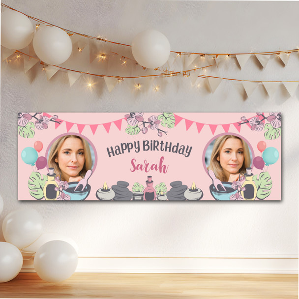 Personalised Party Banner For Birthday With Photo Female Spa Pamper Bunting Pink