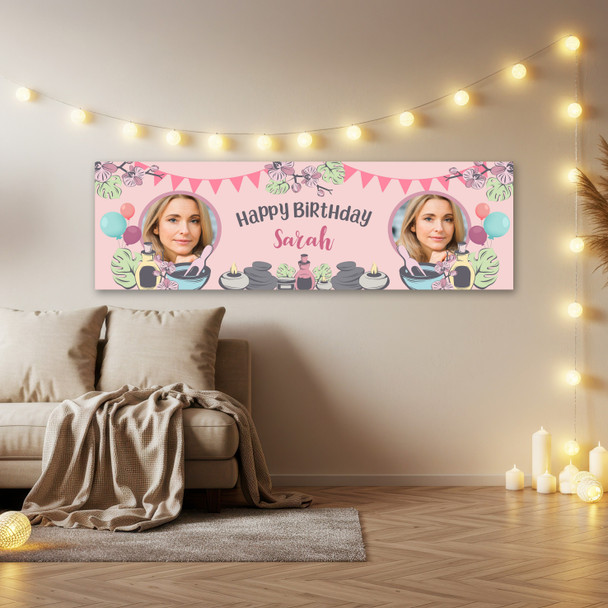 Personalised Party Banner For Birthday With Photo Female Spa Pamper Bunting Pink